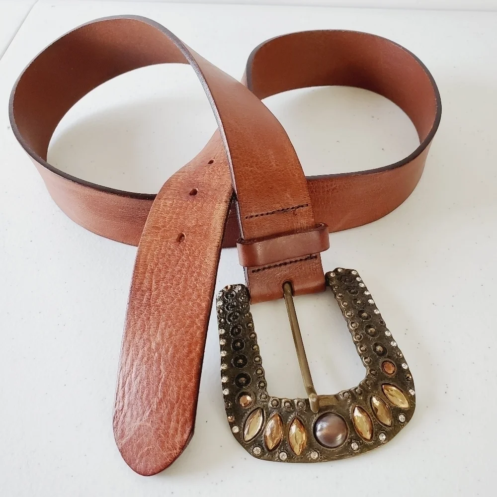 Fabio Corti Genuine Leather Belt Brown Jeweled Beaded Oversized Buckle‎ Italy